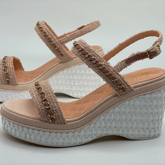 CHANEL 20C Tweed Leather Chain CC Raffia Platform Wedge Heel Sandals Shoes - Picture 7 of 11